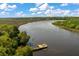 Scenic aerial view of the waterfront with a private dock and lush greenery at 5514 Colonial Chatsworth Cir, North Charleston, SC 29418
