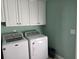 Laundry room featuring a white washer and dryer with white cabinets and light green walls at 133 Wando Reach Rd, Wando, SC 29492