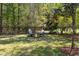 Secluded backyard features manicured lawn, mature trees, and outdoor seating around a modern fire pit at 2225 Black Oak Court, Mount Pleasant, SC 29466