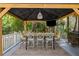Covered outdoor dining area with a large table, seating for eight, chandelier, and mounted television at 2225 Black Oak Court, Mount Pleasant, SC 29466