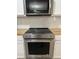 Stainless steel oven and cooktop with white cabinets and subway tile backsplash at 804 Temple Rd # B, Ladson, SC 29456