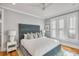 Inviting bedroom with a stylish headboard, a neutral color palette, and shuttered windows at 108 Carolina Blvd, Isle of Palms, SC 29451