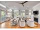 Bright living room with large windows, a fireplace, and hardwood floors is perfect for relaxation at 108 Carolina Blvd, Isle of Palms, SC 29451