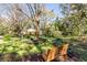 Backyard is surrounded by mature trees and lush landscaping. Wooden bench sits in the dappled sunlight at 1081 Groves Manor Ct, Mount Pleasant, SC 29464