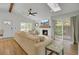 Bright living room features a fireplace, skylight, and access to the outdoor patio at 115 Ridge Rd, Summerville, SC 29485
