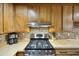 Kitchen with wooden cabinets, stainless steel gas range and a decorative brick backsplash at 158 Whippoorwill Dr, Summerville, SC 29483