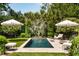 Inviting backyard featuring a rectangular pool, lounge chairs, and shade umbrellas for a relaxing outdoor retreat at 6 Judith St, Charleston, SC 29403