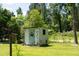 Charming outbuilding with a decorative door and green trim, perfect for storage or hobbies at 21785 Lowcountry Hwy, Ruffin, SC 29475