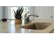Close-up of stainless steel kitchen sink with granite countertops and a plant by the window at 490 Rowley Ln, Summerville, SC 29486