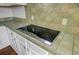 Close-up of the cooktop on the kitchen counter, with decorative backsplash and white cabinets at 5669 Sands Rd, Hollywood, SC 29449