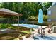 Backyard oasis with a pool, patio, gazebo, and blue umbrella at 132 E Hartwick Ln, Goose Creek, SC 29445
