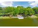 Scenic aerial view of a wooden dock extending into a peaceful, green lake surrounded by trees at 1331 Smythe St, Daniel Island, SC 29492