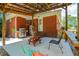 Inviting covered patio with a stainless steel grill, picnic table, and a ceiling fan for outdoor relaxation at 1915 Aichele Dr, North Charleston, SC 29406