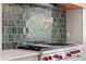Close-up of a kitchen cooktop with colorful backsplash and stainless steel, perfect for gourmet cooking at 1972 Long Creek Rd, Wadmalaw Island, SC 29487