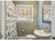 Compact bathroom featuring a sink, toilet, and shower with a bird-themed curtain at 229 Gordon St, Charleston, SC 29403