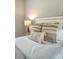 Closeup of a bed with decorative pillows and throw blanket, plus a side table with lamp at 23 Felix St, Charleston, SC 29403