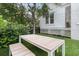 Scenic backyard featuring a dining table with a bench seating, and well-maintained lawn for outdoor activities at 300 Ginned Cotton St, Charleston, SC 29492