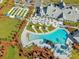 Aerial shot of the pool, bocce ball court, and surrounding palm trees at the community clubhouse at 403 Hidden Meadow Ln, Summerville, SC 29486