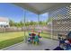 View of the screened in patio with lattice and outdoor seating and a view of the backyard at 5222 American Holly Ln, Ladson, SC 29456