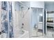 Bathroom tub and shower with mirrored closet, and blue and white curtain at 60 Fenwick # 936, Johns Island, SC 29455