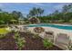 Beautiful community pool with lounge seating, shade umbrellas, and landscaped surroundings for a relaxing experience at 9767 Black Willow Ln, Ladson, SC 29456