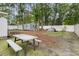 Backyard featuring a picnic table, shed, trees, and white fencing at 105 Evatt Dr, Goose Creek, SC 29445
