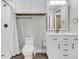 Clean and bright bathroom featuring a standing shower, toilet, and sink with vanity at 105 Evatt Dr, Goose Creek, SC 29445