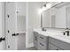Bathroom vanity with a dual sink, dark hardware, and grey cabinets at 202 Countryside Way, Summerville, SC 29483