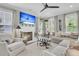 Cozy living room with a fireplace, large TV, comfortable seating, and plenty of natural light at 2197 Sandy Point Ln, Mount Pleasant, SC 29466