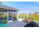 Covered screened porch offering comfortable seating and a peaceful view of the lake at 408 Trevi Ln, Summerville, SC 29486