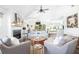 Spacious living room featuring a fireplace, comfortable seating, and an open layout flowing into the dining area at 73 Fairway Dunes Ln, Isle of Palms, SC 29451