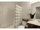 Clean bathroom with a shower-tub combo, decorative shower curtain, and plant at 849 Bibury Ct, Charleston, SC 29414