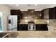 Stylish kitchen showcasing stainless steel appliances, dark cabinetry, and granite countertops at 849 Bibury Ct, Charleston, SC 29414