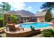 Backyard pool with lush greenery, outside seating, and a safety fence, offering a serene and secure outdoor experience at 1069 Blockade Runner Pkwy, Summerville, SC 29485
