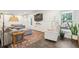 Bright living room featuring an oversized couch, with wainscoting detail, large windows, and a dark modern floor at 1483 Harborsun Dr, Charleston, SC 29412