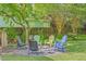 Relaxing backyard patio with colorful chairs offering a cozy outdoor living space surrounded by lush greenery at 219 Silverwood Ln, Summerville, SC 29485