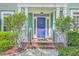 Close-up of front entrance featuring a blue door, brick steps, and trimmed bushes at 219 Silverwood Ln, Summerville, SC 29485