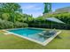 Inviting backyard pool area, complete with in-pool lounge chairs, sun umbrella, and lush greenery at 2557 Hatch Dr, Johns Island, SC 29455