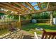 Backyard patio area featuring a wooden pergola, a small storage shed and comfortable chairs at 4515 Holmes Ave, North Charleston, SC 29405