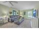 This bonus room features a leather couch, carpet flooring, neutral colors, natural light, and a TV at 5032 Ballantine Dr, Summerville, SC 29485