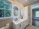 Bright bathroom featuring granite countertops, double sinks, and white cabinets and storage at 107 Tracy St, Walterboro, SC 29488
