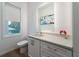 Stylish powder room featuring a sleek vanity, modern fixtures, and a window with natural light at 124 Charleston Blvd, Isle of Palms, SC 29451