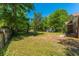Green backyard with mature trees and storage shed under a bright blue sky at 2234 River Rd, Johns Island, SC 29455