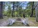 Private backyard features a brick firepit and white Adirondack chairs with views of the lake at 418 Lakeview Dr, Summerville, SC 29485