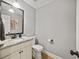 Stylish half bathroom with granite countertop, white cabinets, and modern fixtures at 418 Lakeview Dr, Summerville, SC 29485