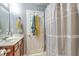 This bathroom features a single sink, medicine cabinet, and decorative shower curtain at 3661 Locklear Ln, Mount Pleasant, SC 29466