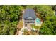 Aerial view showcases this beautiful home with a pool, perfectly situated among mature trees for complete privacy at 607 Jungle Rd, Edisto Beach, SC 29438