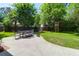 Backyard featuring a patio seating area, lush lawn, mature trees, a fire pit, and a playhouse at 1001 Foxcroft Rd, James Island, SC 29412