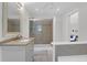 Bathroom featuring a glass-enclosed shower, modern vanity, and neutral color palette at 1001 Foxcroft Rd, James Island, SC 29412