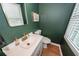 Elegant bathroom with gold fixtures, a white vanity, and green walls, providing a sophisticated and refreshing feel at 104 Clover St, Summerville, SC 29483